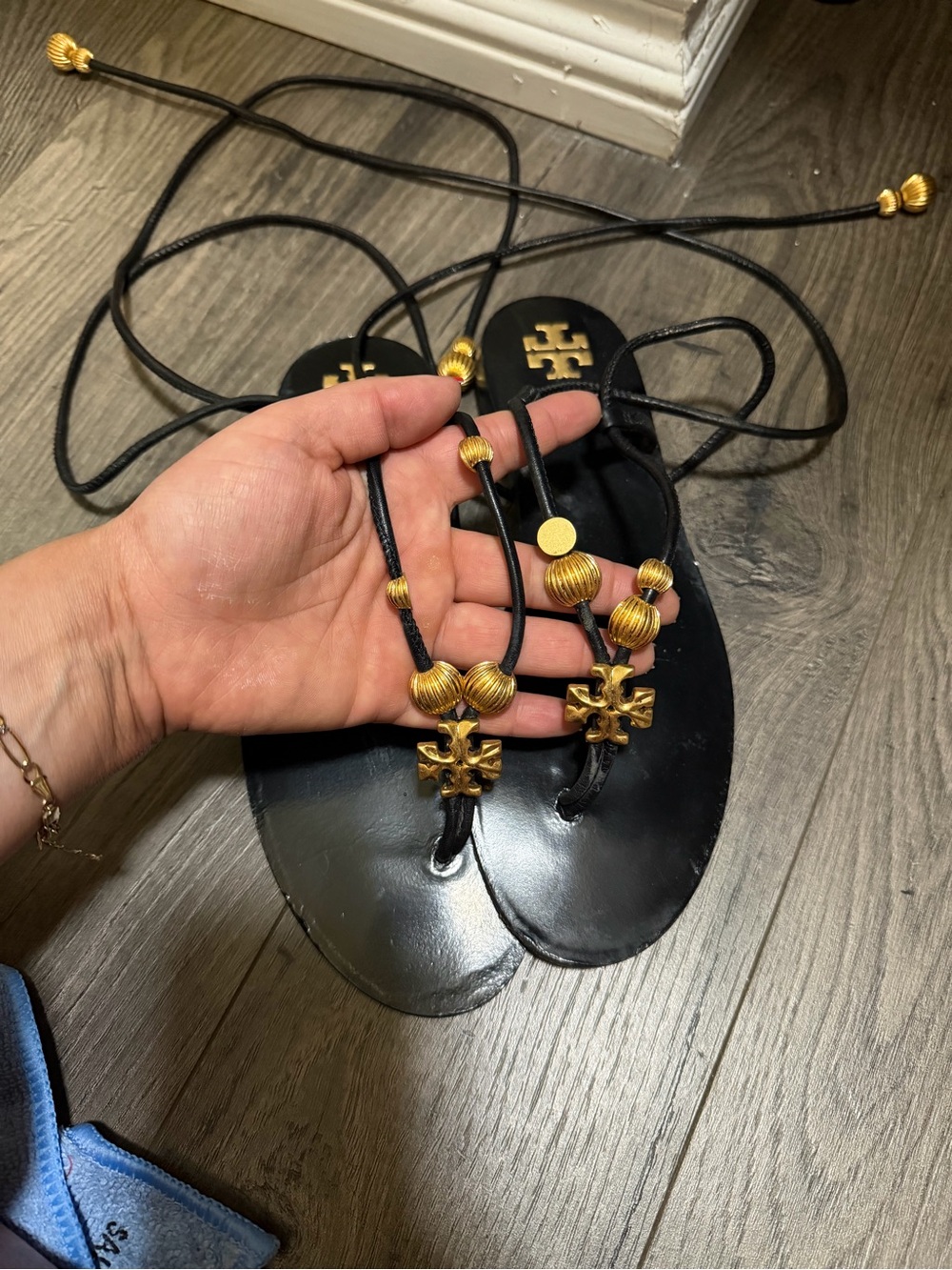 Tory Burch Lace-Up capri Sandals with Gold Bead & Logo Accents